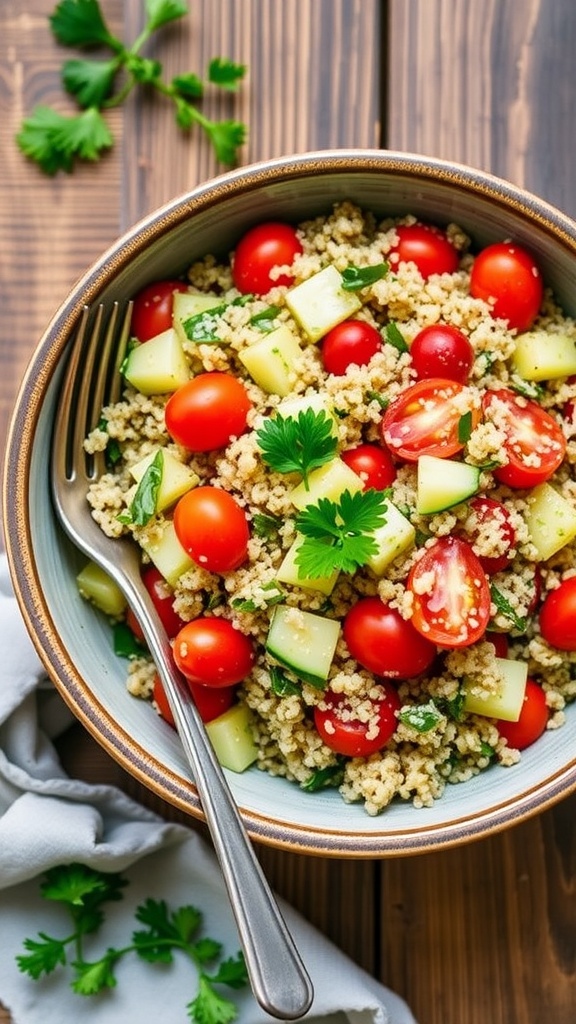 A colorful Herbed Quinoa Salad with tomatoes, cucumber, and herbs in a rustic bowl.
